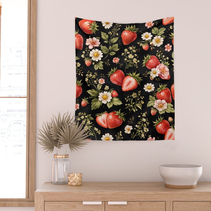 Luxury Strawberry Botanical Pattern - Dark Floral Aesthetic Wall Tapestry Gallery Image 2