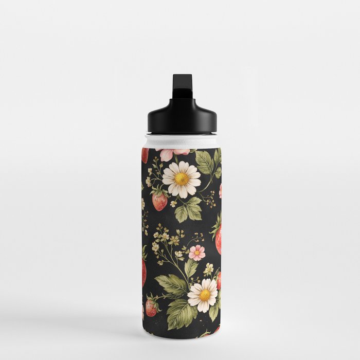 Luxury Strawberry Botanical Pattern - Dark Floral Aesthetic Water Bottle Gallery Image 3