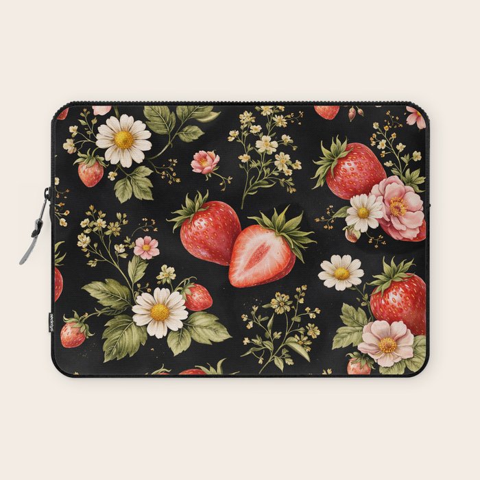 Luxury Strawberry Botanical Pattern - Dark Floral Aesthetic Laptop Sleeve Gallery Image 1
