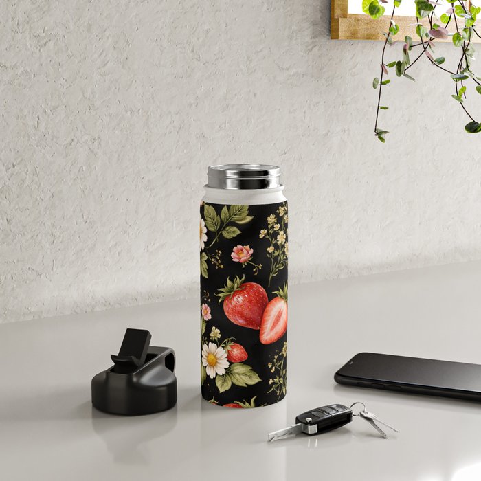 Luxury Strawberry Botanical Pattern - Dark Floral Aesthetic Water Bottle Gallery Image 4
