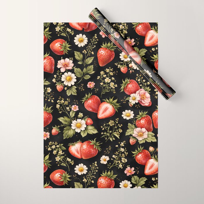 Luxury Strawberry Botanical Pattern - Dark Floral Aesthetic Wrapping Paper Gallery Image 1