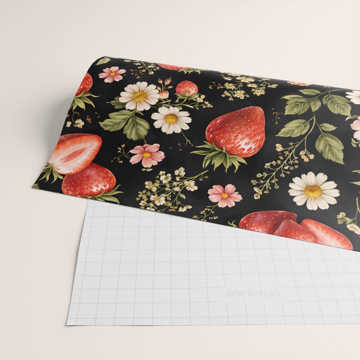 Luxury Strawberry Botanical Pattern - Dark Floral Aesthetic Wrapping Paper Gallery Image 2