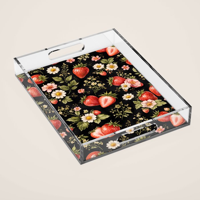 Luxury Strawberry Botanical Pattern - Dark Floral Aesthetic Acrylic Tray Gallery Image 1