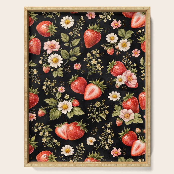 Luxury Strawberry Botanical Pattern - Dark Floral Aesthetic Serving Tray Gallery Image 1