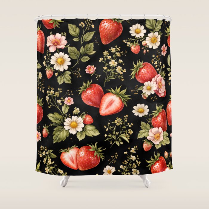 Luxury Strawberry Botanical Pattern - Dark Floral Aesthetic Shower Curtain Gallery Image 1
