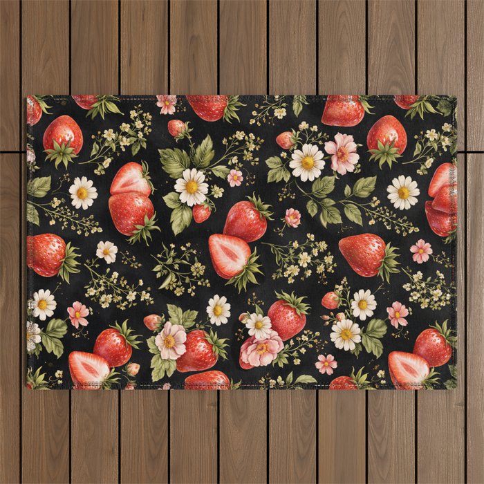 Luxury Strawberry Botanical Pattern - Dark Floral Aesthetic Outdoor Rug Gallery Image 1