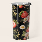 Luxury Strawberry Botanical Pattern - Dark Floral Aesthetic Travel Mug Gallery Image 2