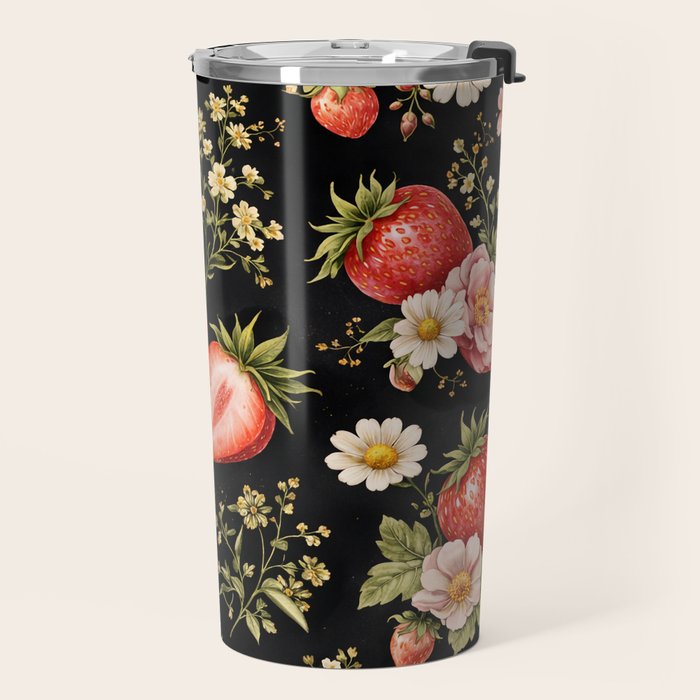 Luxury Strawberry Botanical Pattern - Dark Floral Aesthetic Travel Mug Gallery Image 2