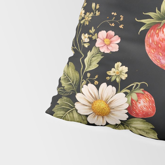 Luxury Strawberry Botanical Pattern - Dark Floral Aesthetic Pillow Sham Gallery Image 4
