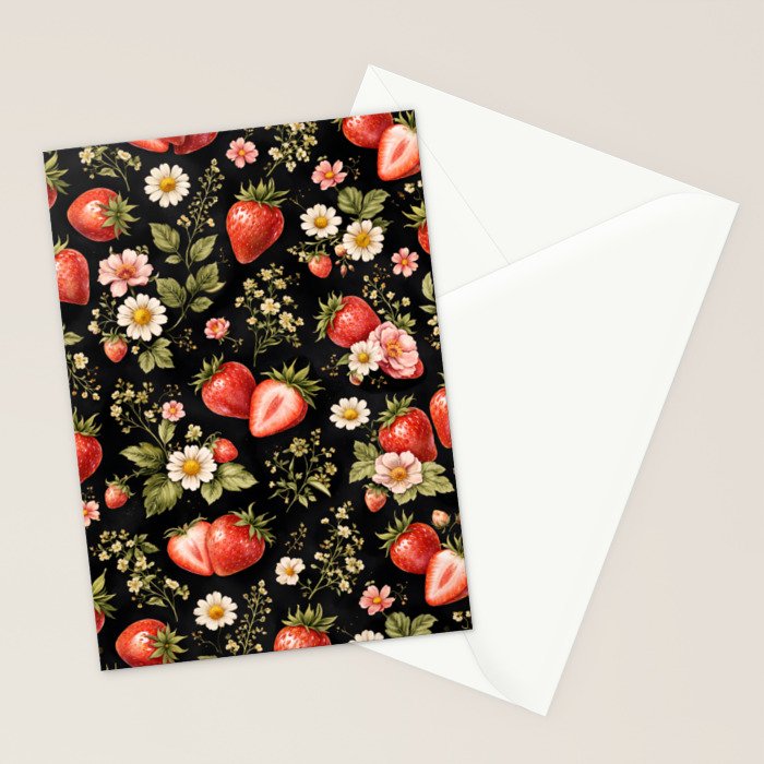 Luxury Strawberry Botanical Pattern - Dark Floral Aesthetic Stationery Card Gallery Image 2