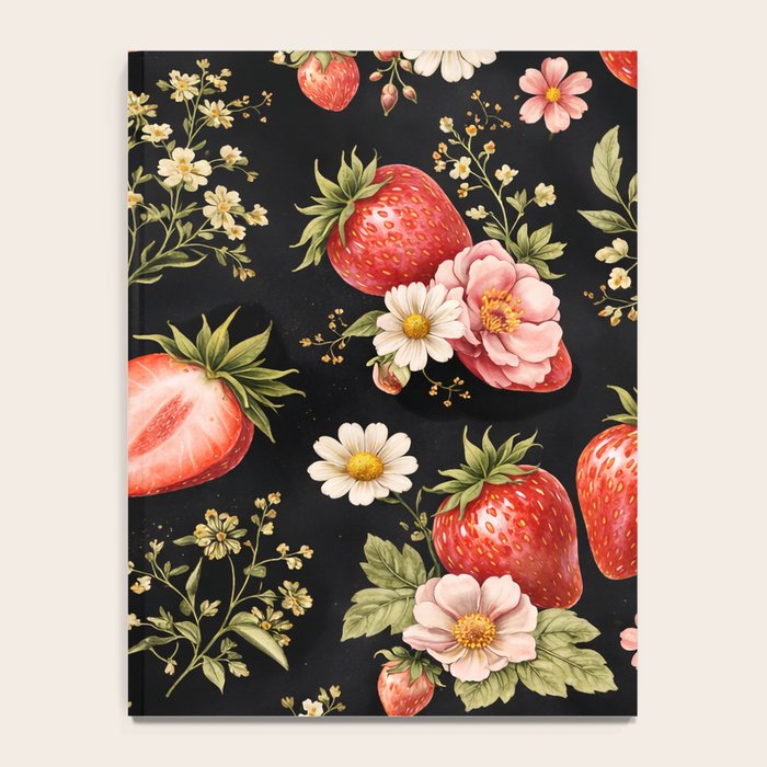 Luxury Strawberry Botanical Pattern - Dark Floral Aesthetic Notebook Gallery Image 4