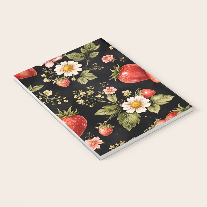 Luxury Strawberry Botanical Pattern - Dark Floral Aesthetic Notebook Gallery Image 3