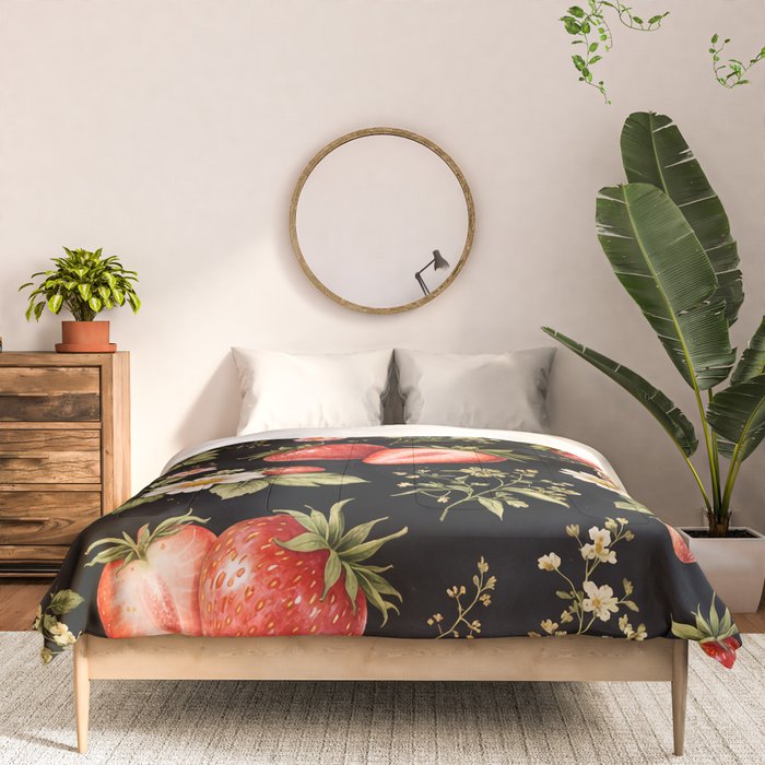 Luxury Strawberry Botanical Pattern - Dark Floral Aesthetic Comforter Gallery Image 3