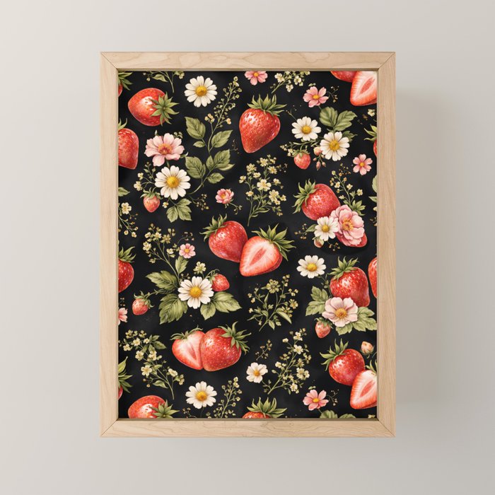 Luxury Strawberry Botanical Pattern - Dark Floral Aesthetic Mini Art Print Gallery Image 1