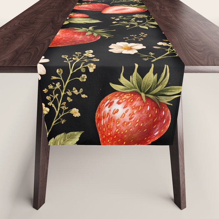 Luxury Strawberry Botanical Pattern - Dark Floral Aesthetic Table Runner Gallery Image 1