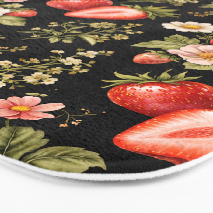 Luxury Strawberry Botanical Pattern - Dark Floral Aesthetic Bath Mat Gallery Image 3