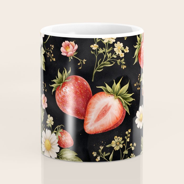 Luxury Strawberry Botanical Pattern - Dark Floral Aesthetic Coffee Mug Gallery Image 4