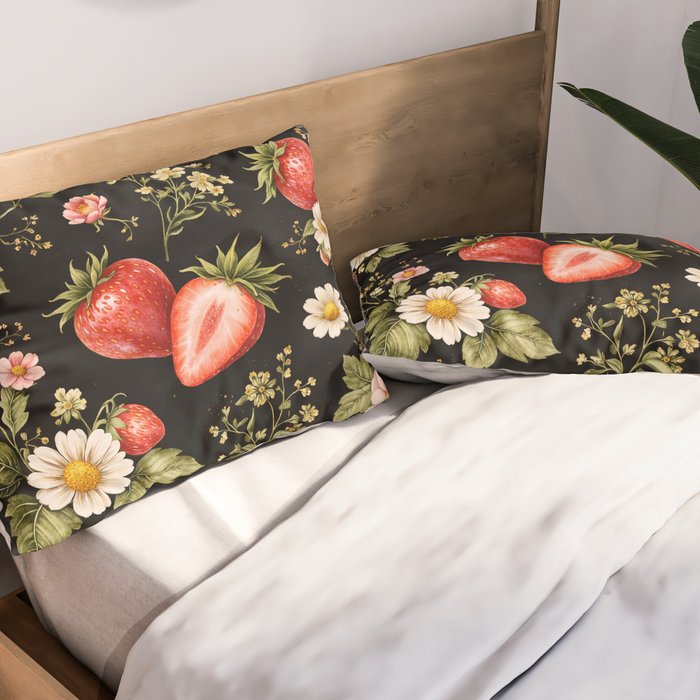Luxury Strawberry Botanical Pattern - Dark Floral Aesthetic Pillow Sham Gallery Image 2