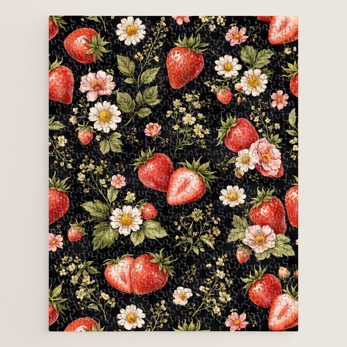 Luxury Strawberry Botanical Pattern - Dark Floral Aesthetic Jigsaw Puzzle Gallery Image 1