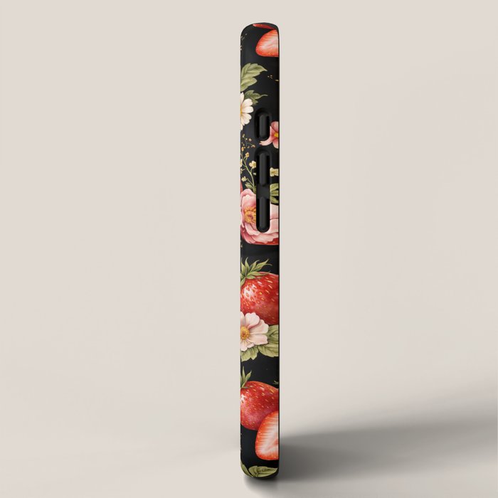 Luxury Strawberry Botanical Pattern - Dark Floral Aesthetic iPhone Case Gallery Image 2