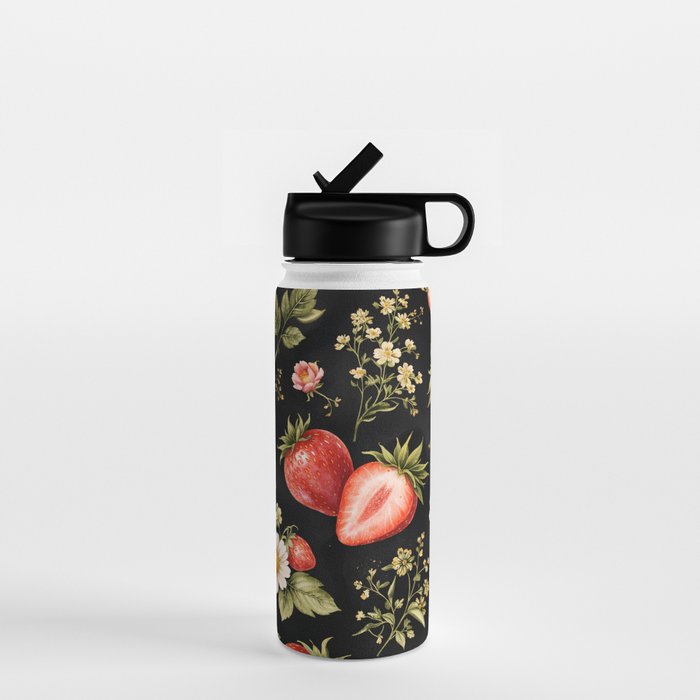 Luxury Strawberry Botanical Pattern - Dark Floral Aesthetic Water Bottle Gallery Image 1