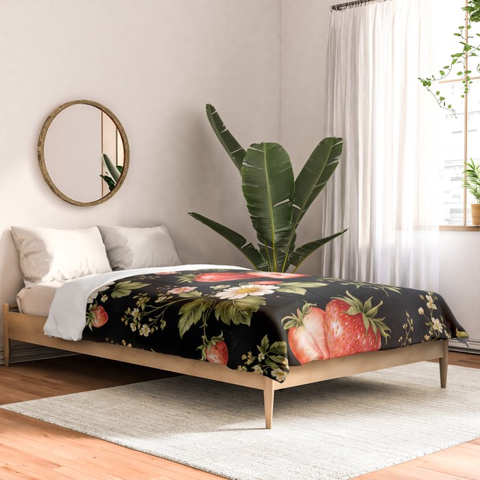 Luxury Strawberry Botanical Pattern - Dark Floral Aesthetic Comforter Gallery Image 2