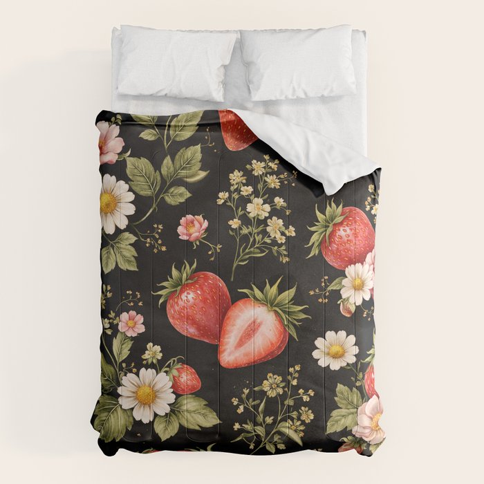 Luxury Strawberry Botanical Pattern - Dark Floral Aesthetic Comforter Gallery Image 1