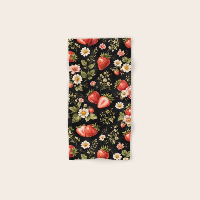 Luxury Strawberry Botanical Pattern - Dark Floral Aesthetic Bath Towel Gallery Image 1