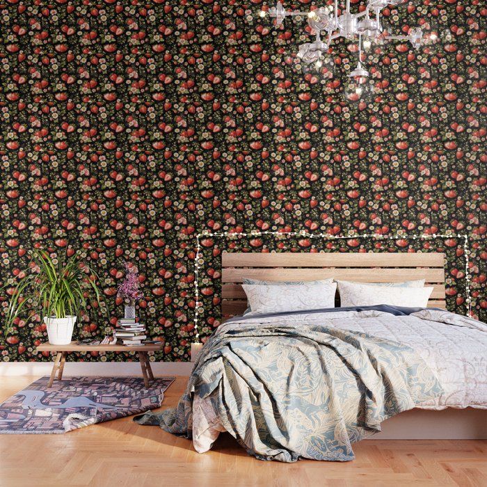 Luxury Strawberry Botanical Pattern - Dark Floral Aesthetic Wallpaper Gallery Image 1