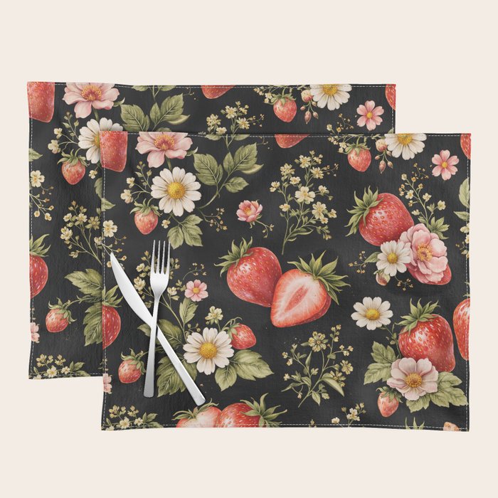 Luxury Strawberry Botanical Pattern - Dark Floral Aesthetic Placemat Gallery Image 1