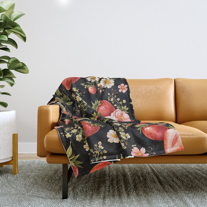 Luxury Strawberry Botanical Pattern - Dark Floral Aesthetic Throw Blanket Gallery Image 1