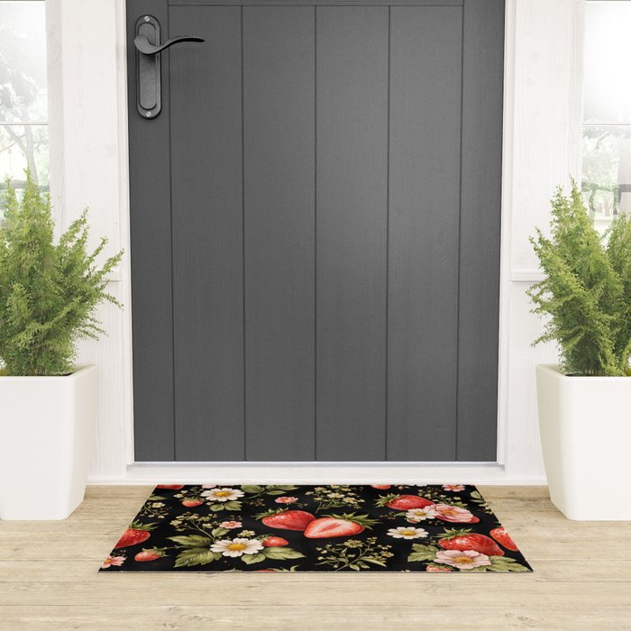 Luxury Strawberry Botanical Pattern - Dark Floral Aesthetic Welcome Mat Gallery Image 3