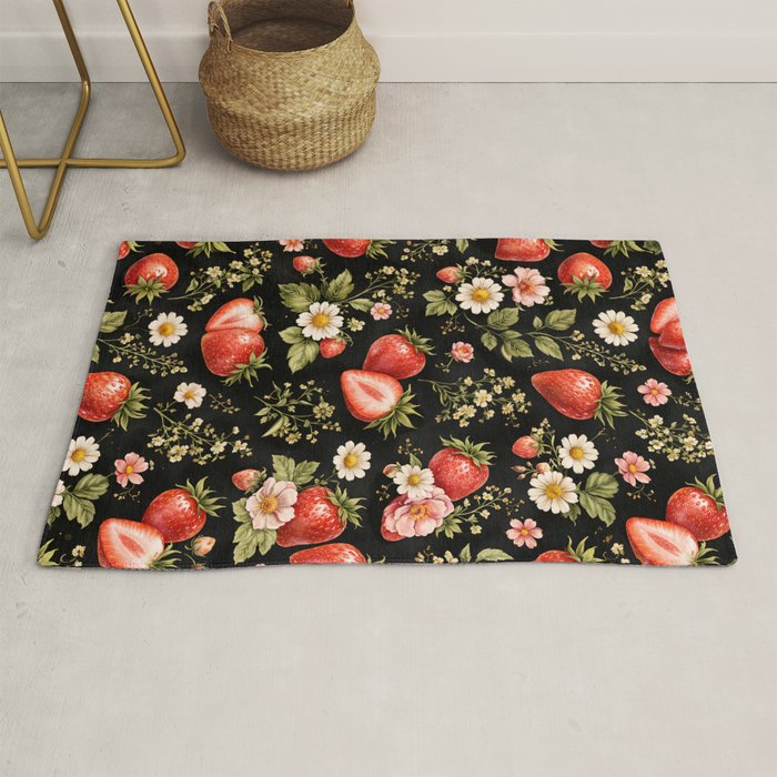 Luxury Strawberry Botanical Pattern - Dark Floral Aesthetic Rug Gallery Image 1