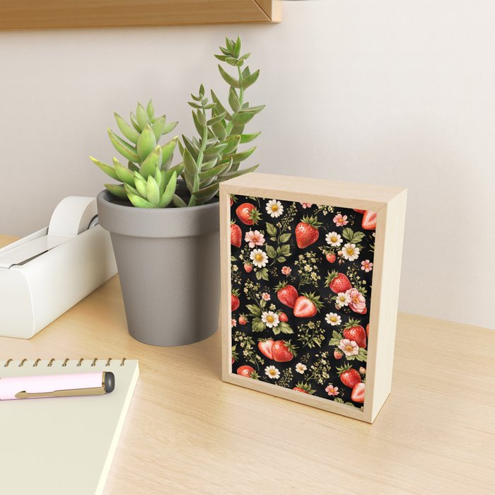 Luxury Strawberry Botanical Pattern - Dark Floral Aesthetic Mini Art Print Gallery Image 2