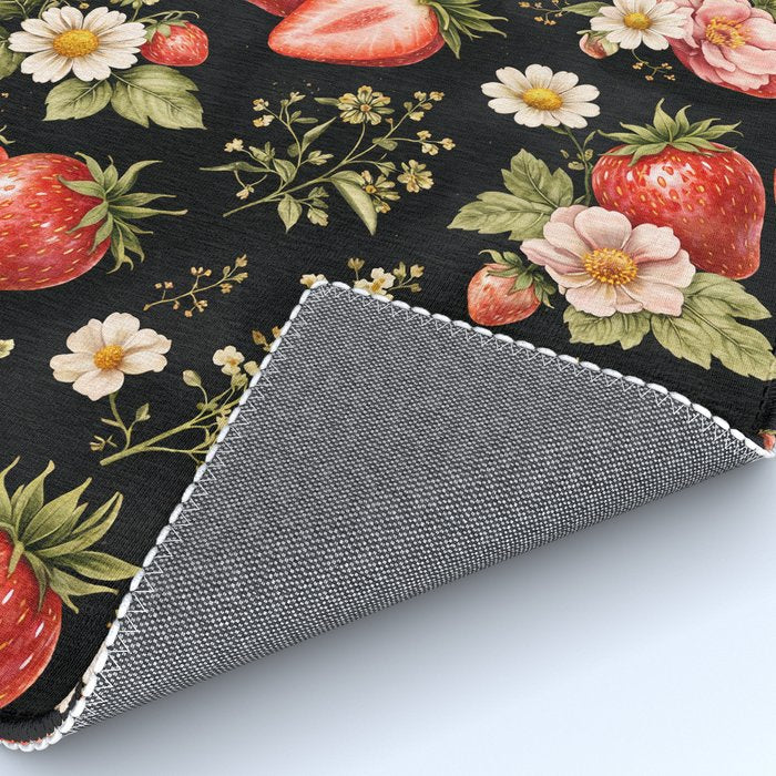 Luxury Strawberry Botanical Pattern - Dark Floral Aesthetic Rug Gallery Image 4