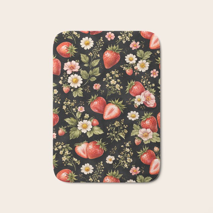 Luxury Strawberry Botanical Pattern - Dark Floral Aesthetic Bath Mat Gallery Image 1