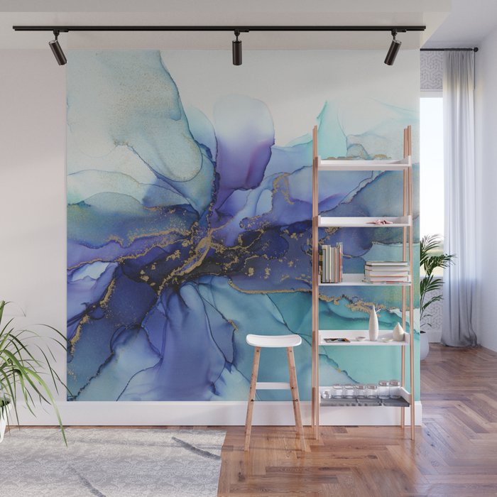 Blue Floral Abstract Ink Wall Mural Gallery Image 1