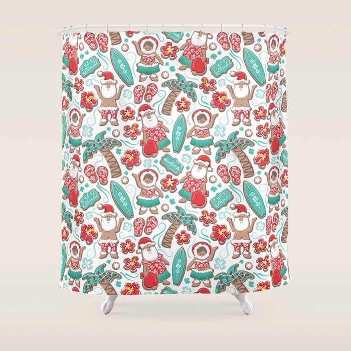 Mele Kalikimaka Hawaiian Christmas gingerbread cookies // white background Shower Curtain Gallery Image 1