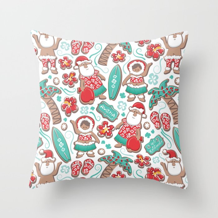 Mele Kalikimaka Hawaiian Christmas gingerbread cookies // white background Throw Pillow Gallery Image 1