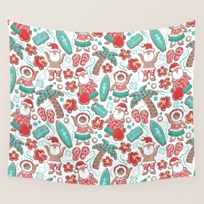 Mele Kalikimaka Hawaiian Christmas gingerbread cookies // white background Wall Tapestry Gallery Image 4