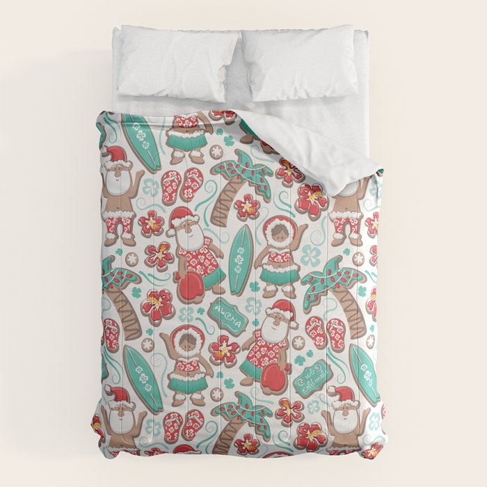 Mele Kalikimaka Hawaiian Christmas gingerbread cookies // white background Comforter Gallery Image 1