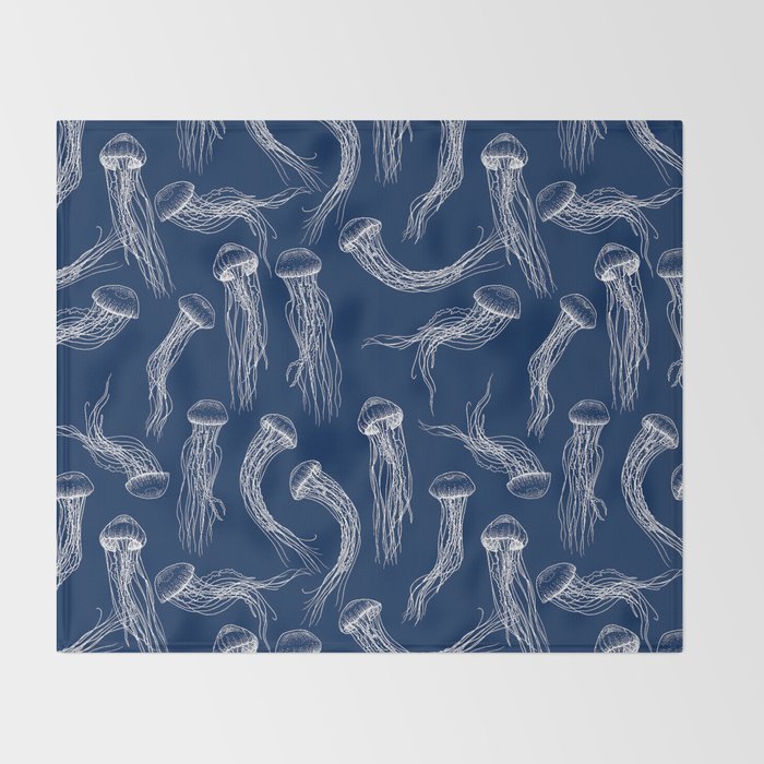 Jellyfish Print - Navy Throw Blanket Gallery Image 2