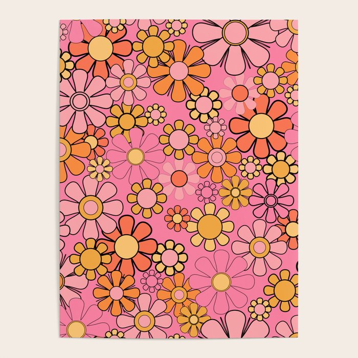 Groovy Retro Garden 60s 70s Floral Pattern in Pink and Orange Tones Poster Gallery Image 1