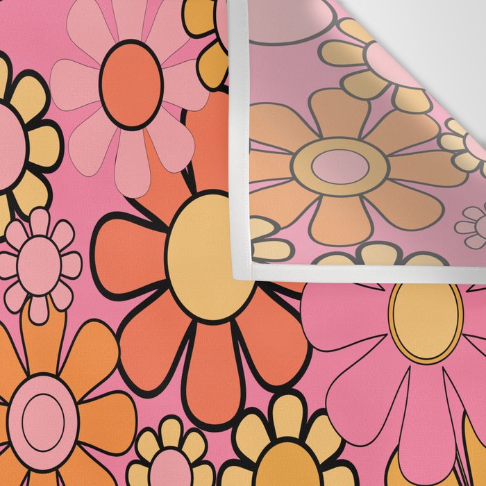 Groovy Retro Garden 60s 70s Floral Pattern in Pink and Orange Tones Wall Tapestry Gallery Image 3