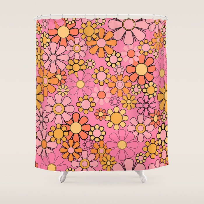 Groovy Retro Garden 60s 70s Floral Pattern in Pink and Orange Tones Shower Curtain Gallery Image 1