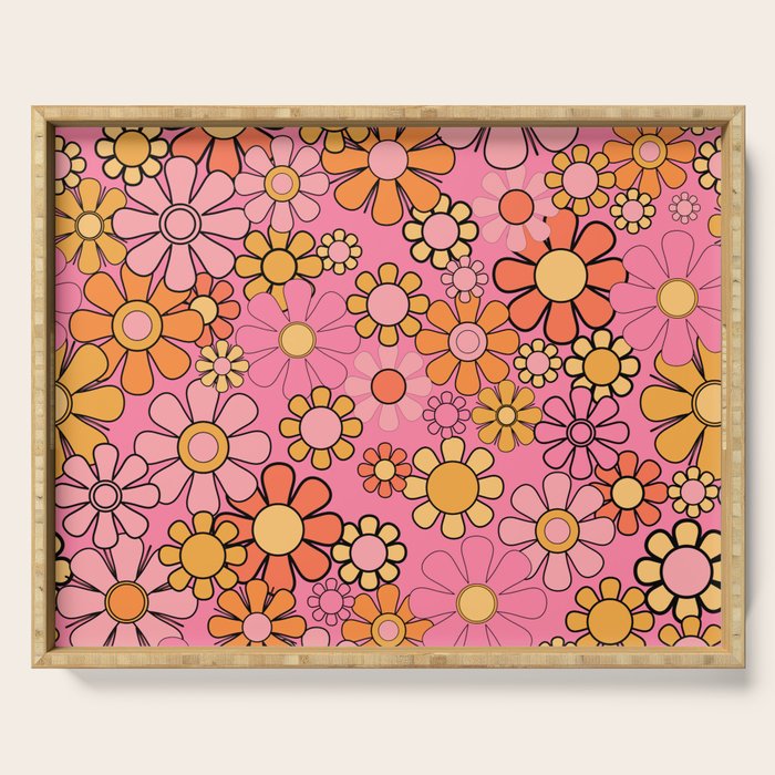 Groovy Retro Garden 60s 70s Floral Pattern in Pink and Orange Tones Serving Tray Gallery Image 1