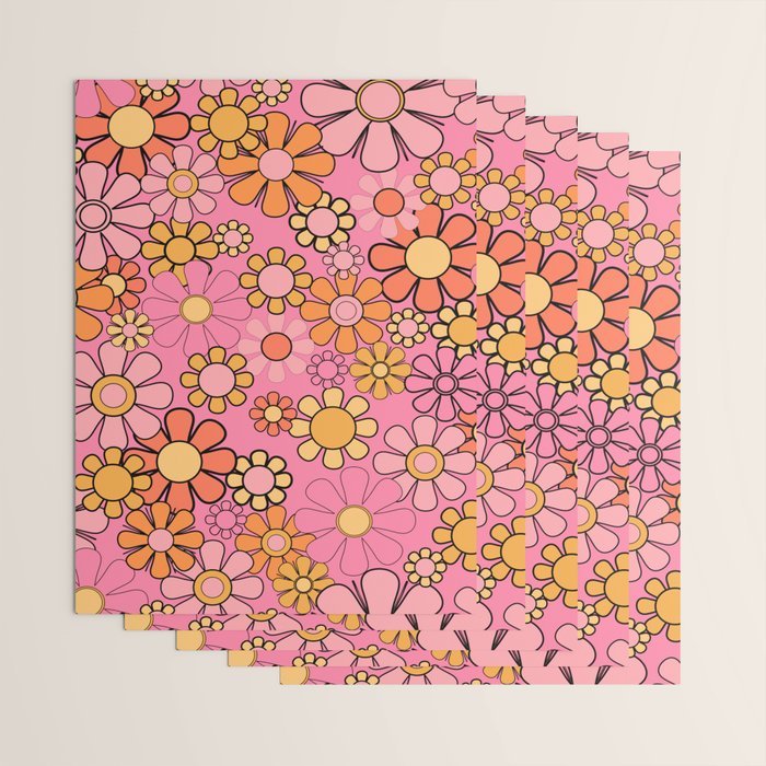 Groovy Retro Garden 60s 70s Floral Pattern in Pink and Orange Tones Wrapping Paper Gallery Image 3