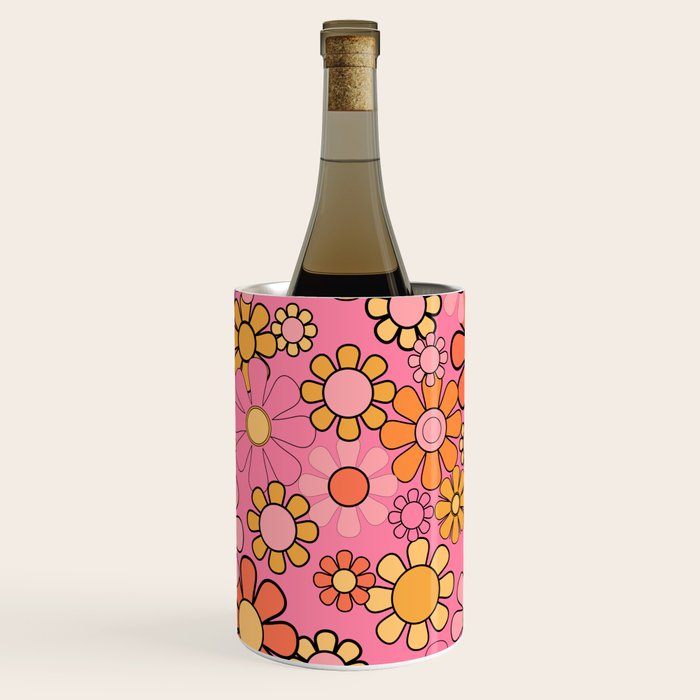 Groovy Retro Garden 60s 70s Floral Pattern in Pink and Orange Tones Wine Chiller Gallery Image 1