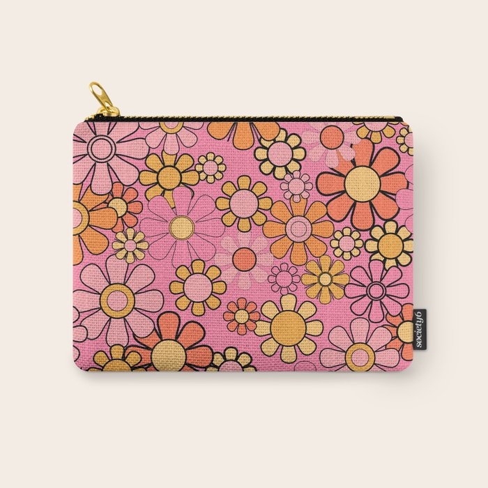 Groovy Retro Garden 60s 70s Floral Pattern in Pink and Orange Tones Carry All Pouch Gallery Image 1