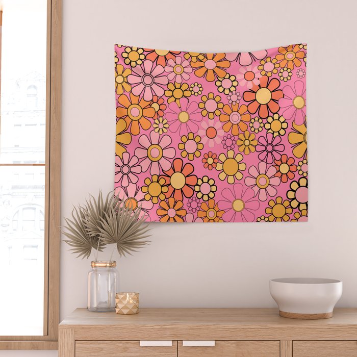 Groovy Retro Garden 60s 70s Floral Pattern in Pink and Orange Tones Wall Tapestry Gallery Image 2